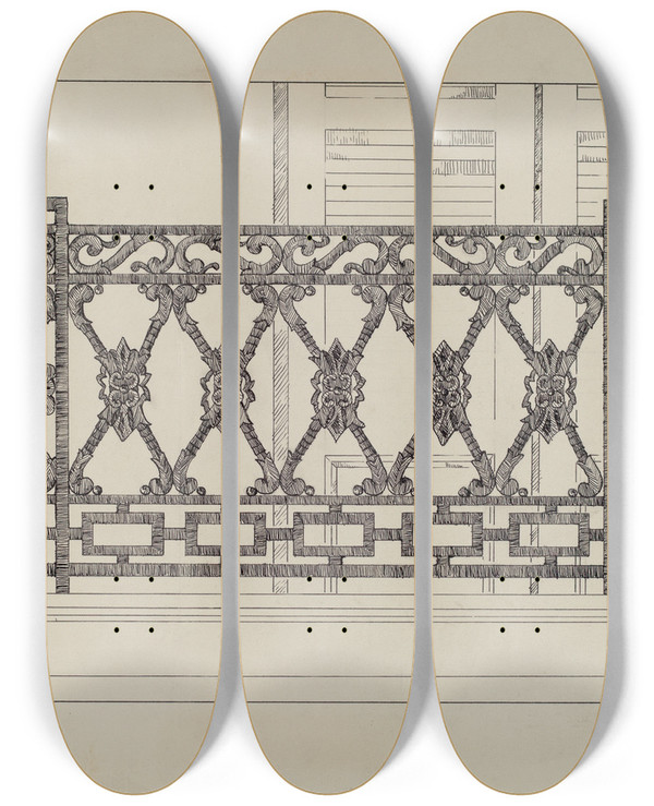 Triptych art skateboard deck of Arelia Arbo Cast Iron Balcony Railing by Arelia Arbo