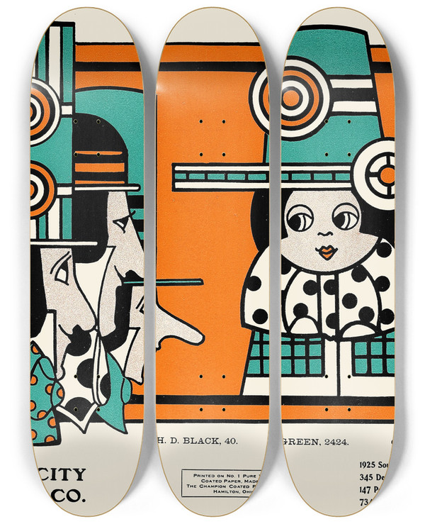 Triptych art skateboard deck of Augustus Jansson Queen City Ink Ad 20 by Augustus Jansson (1863-1931)