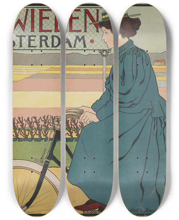 Triptych art skateboard deck of Johann Georg Van Caspel Hindebicycles Factory Amsterdam by Johann Georg Van Caspel (1870-1928)