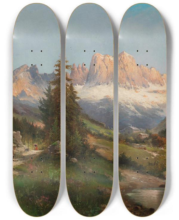 Triptych art skateboard deck of Karl Kaufmann In The Dolomites by Karl Kaufmann (1843-1905)