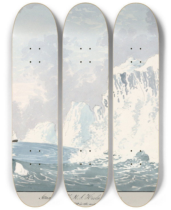 Triptych art skateboard deck of Charles Hamilton Smith Situation Of Hms Hecla Griper by Charles Hamilton Smith (1776-1859)