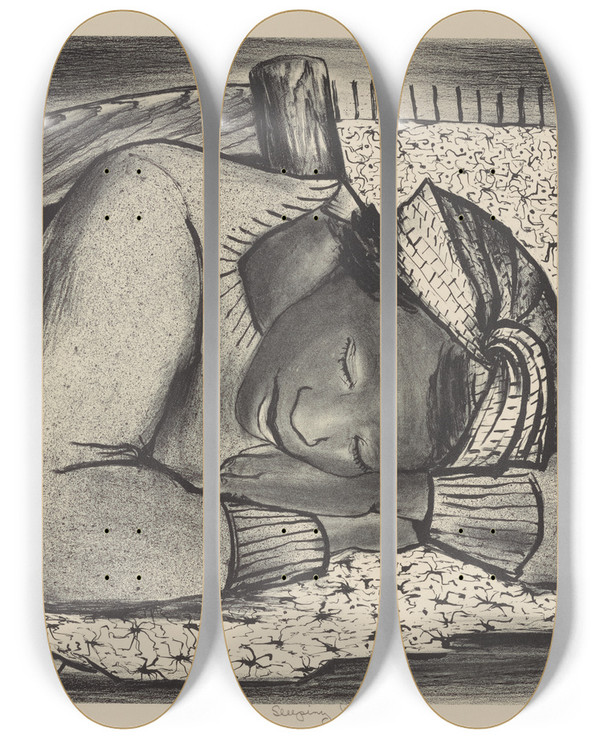 Triptych art skateboard deck of Riva Helfond Sleeping Girl by Riva Helfond (1910-2002)