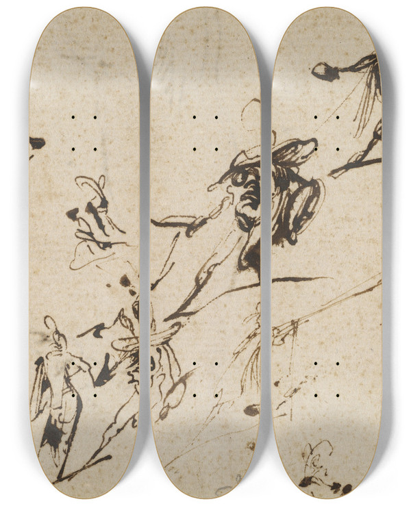 Triptych art skateboard deck of Jacques Callot Gobbi And Other Bizarre Figures by Jacques Callot (1592-1635)