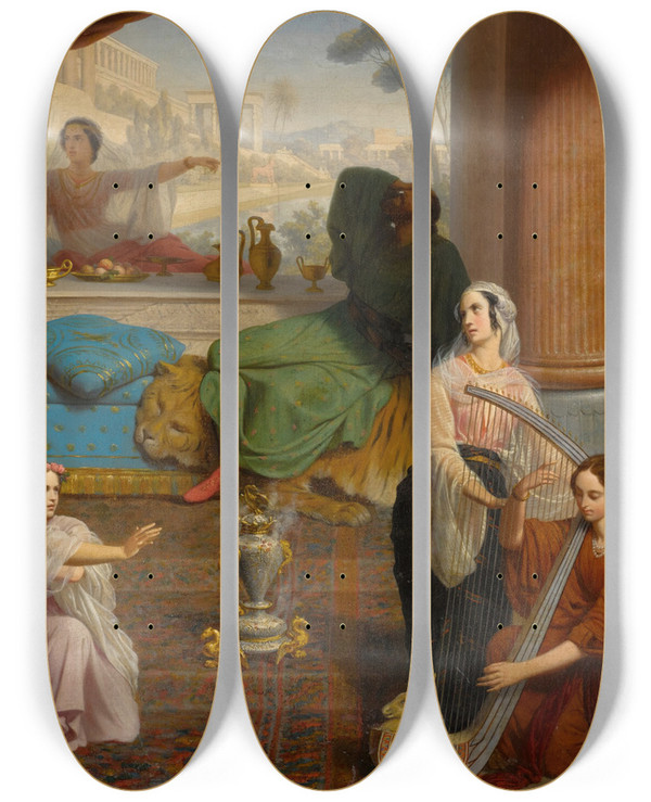 Triptych art skateboard deck of Auguste Jeanbaptiste Leloir Queen Esther Denouncing Haman by Auguste Jean-Baptiste Leloir (1809-1892)