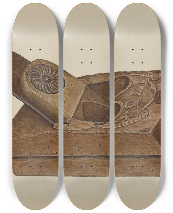 Triptych art skateboard deck of Frances Godfrey Plane by Frances Godfrey