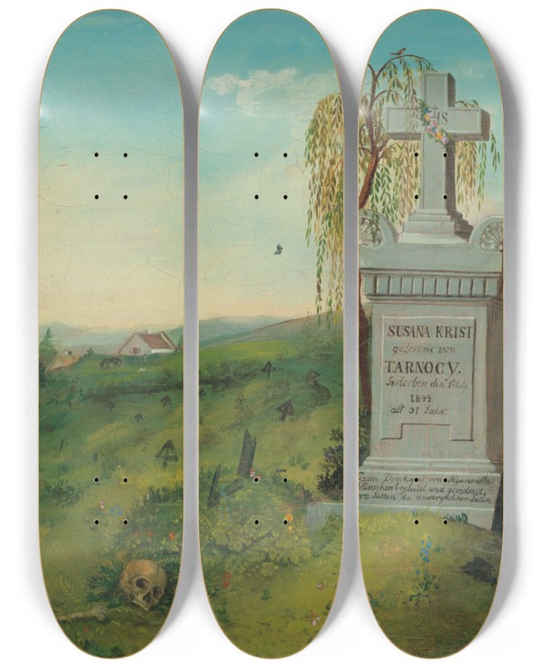 Triptych art skateboard deck of Frantiek Klimkovi Koick Cintorn by Frantisek Klimkovic (1826-1890)