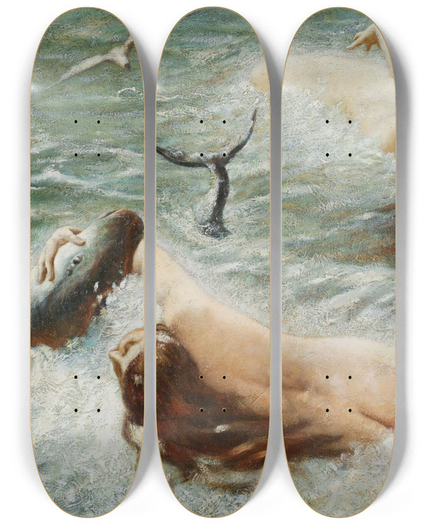 Triptych art skateboard deck of Benes Knpfer Spielende Nymphen by Benes Knupfer (1848-1910)