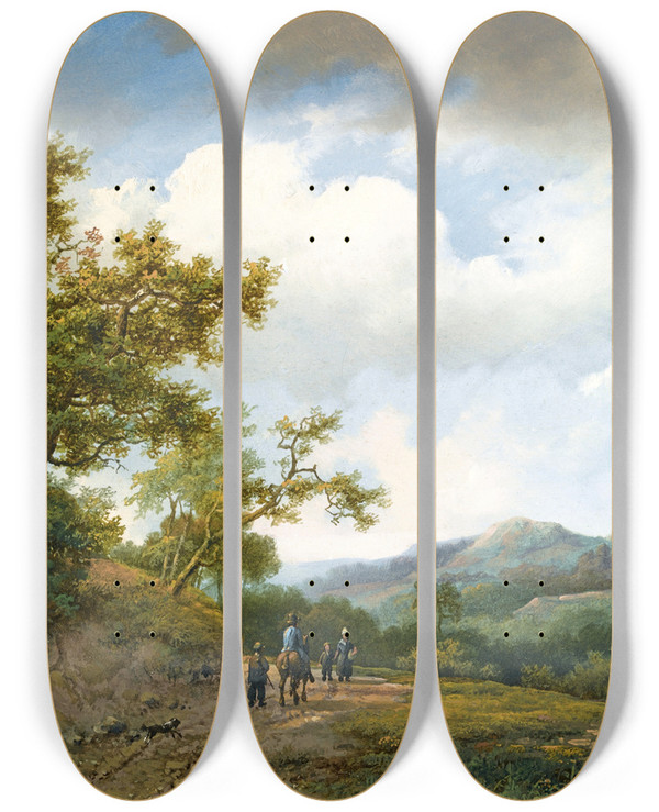 Triptych art skateboard deck of Marinus Adrianus Koekkoek Figures On A Sandy Track In A Hilly Landscape by Marinus Adrianus Koekkoek (1807-1868)