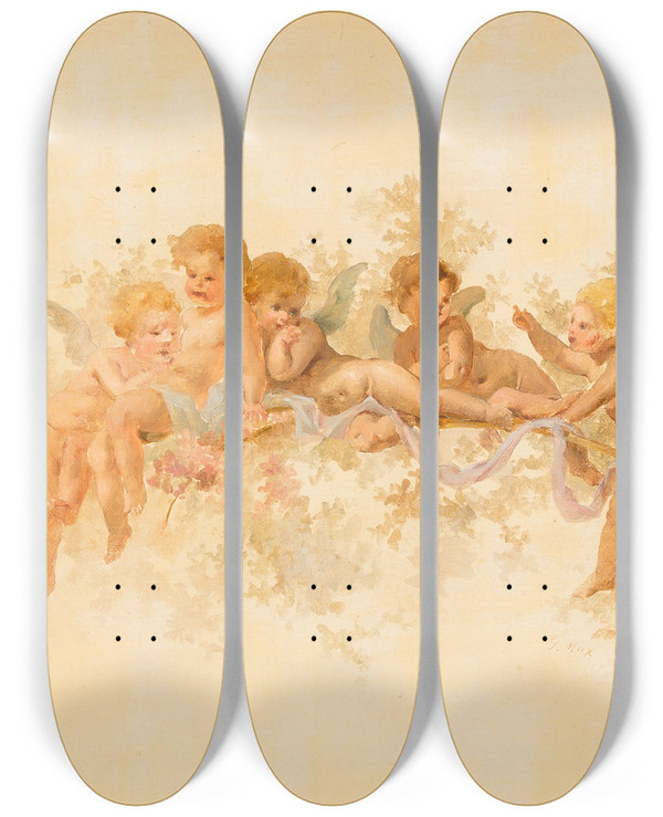 Triptych art skateboard deck of Gabriel Von Max Putto by Gabriel Von Max (1840-1915)