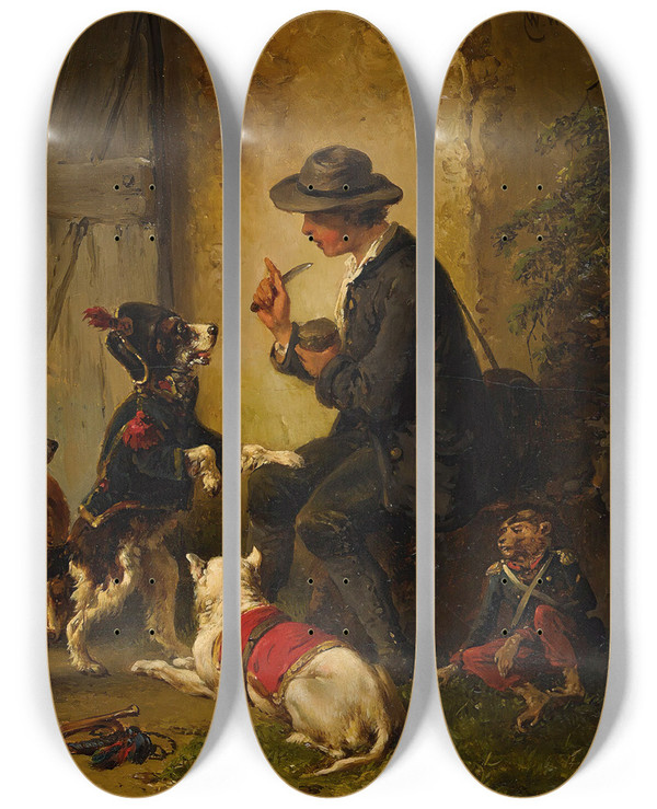 Triptych art skateboard deck of Wouterus Verschuur After The Circus by Wouterus Verschuur (1812-1874)
