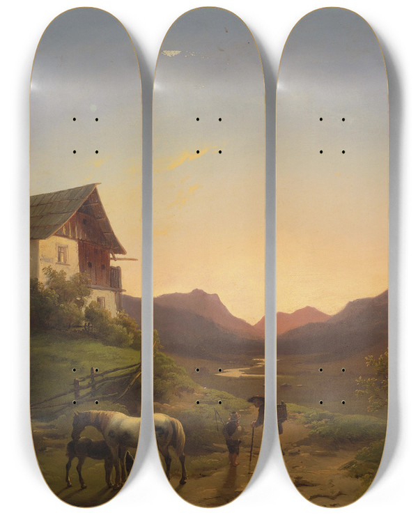 Triptych art skateboard deck of Ignaz Raffalt Abendstimmung by Ignaz Raffalt (1800-1857)