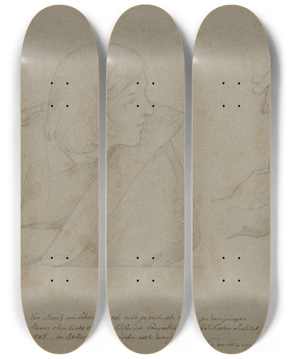 Triptych art skateboard deck of Moritz Von Schwind Study Sheet Minstrel Contest by Moritz Von Schwind (1804-1871)