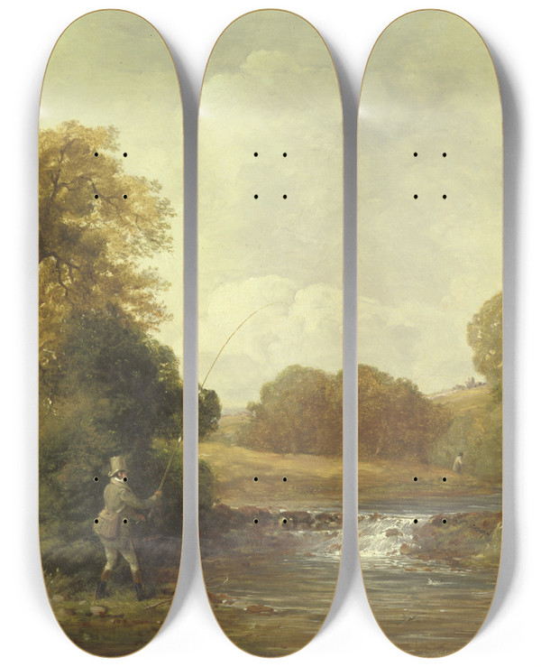 Triptych art skateboard deck of William Jones Fishing Playing A Fish by William Jones (1784-1884)