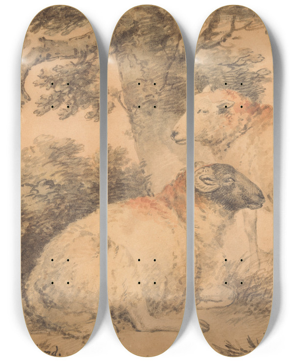 Triptych art skateboard deck of George Morland A Ram And Ewe In A Landscape by George Morland (1763-1804)