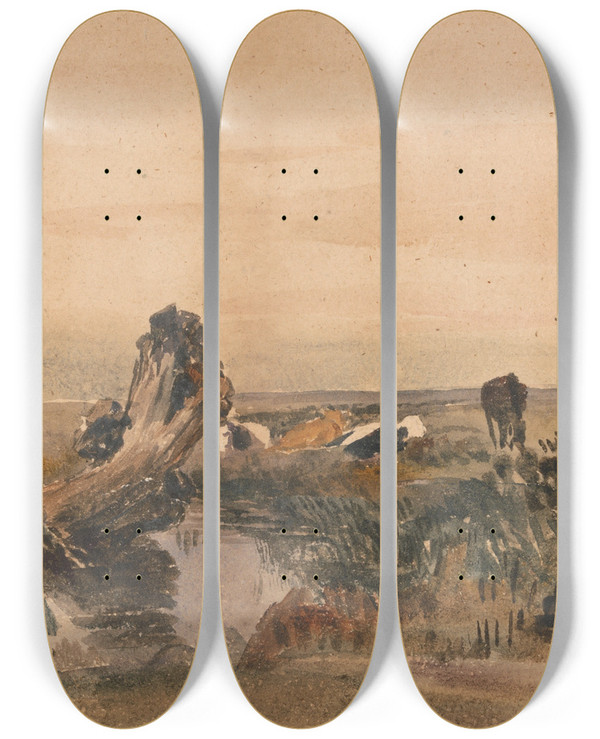 Triptych art skateboard deck of Peter Dewint Cattle By A Stream_1 by Peter Dewint (1784-1849)