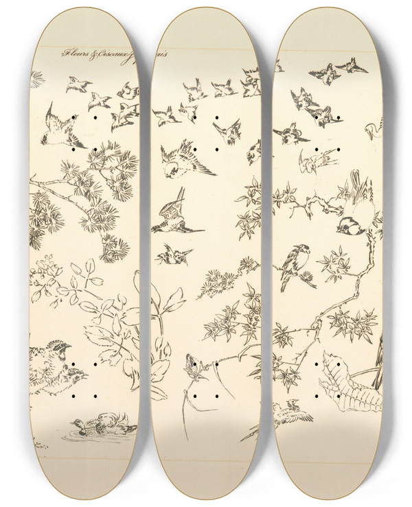 Triptych art skateboard deck of Flix Bracquemond Fleurs Et Oiseaux Japonais by Felix Bracquemond (1833-1914)
