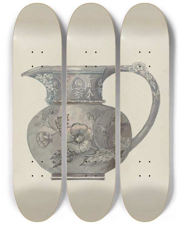 Triptych art skateboard deck of Beulah Bradleigh Pewter Creamer by Beulah Bradleigh