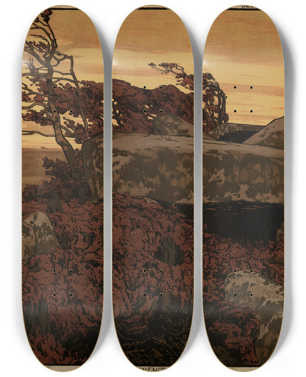 Triptych art skateboard deck of Karl Biese Hnengrab In Der Heide by Karl Biese (1863-1926)