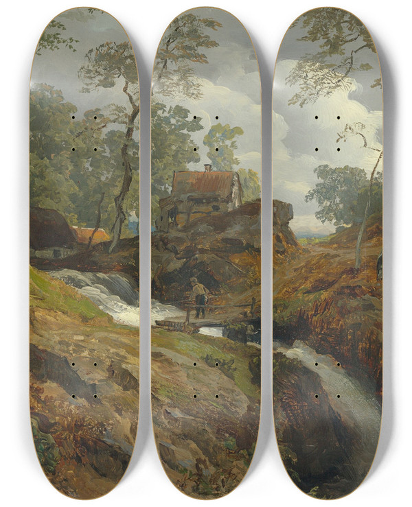 Triptych art skateboard deck of Andreas Achenbach Am Wildbach by Andreas Achenbach (1815-1910)