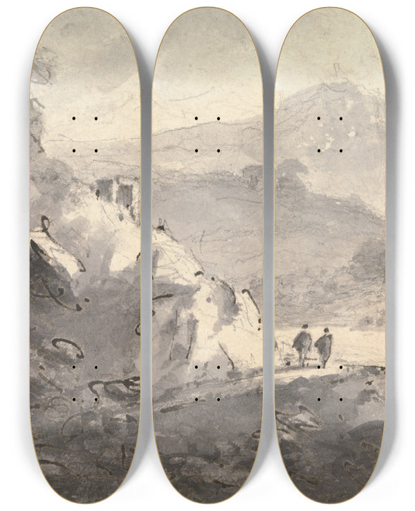 Triptych art skateboard deck of William Gilpin Landscape With Two Figures On A Road by William Gilpin (1724-1804)