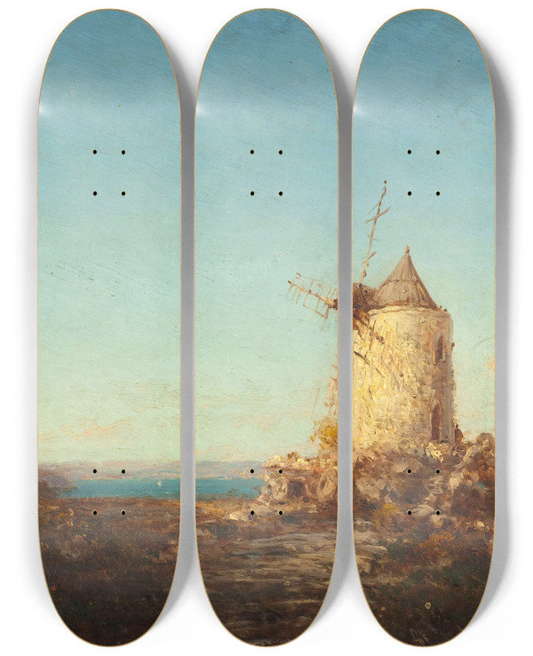 Triptych art skateboard deck of Flix Ziem Moulin De Saintmitre Prs De Martigues by Felix Ziem (1821-1911)