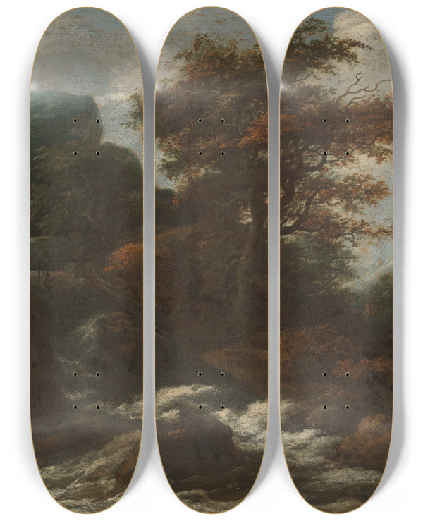 Triptych art skateboard deck of Jacob Salomonsz Van Ruysdael Landscape Withwaterfalls by Jacob Salomonsz Van Ruysdael (1630-1681)