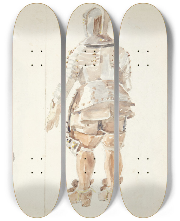 Triptych art skateboard deck of Peter Hansen Studier Af Rustninger_2 by Peter Hansen (1868-1928)