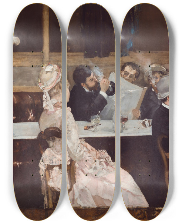 Triptych art skateboard deck of Henri Gervex Caf Scene In Paris by Henri Gervex (1852-1929)