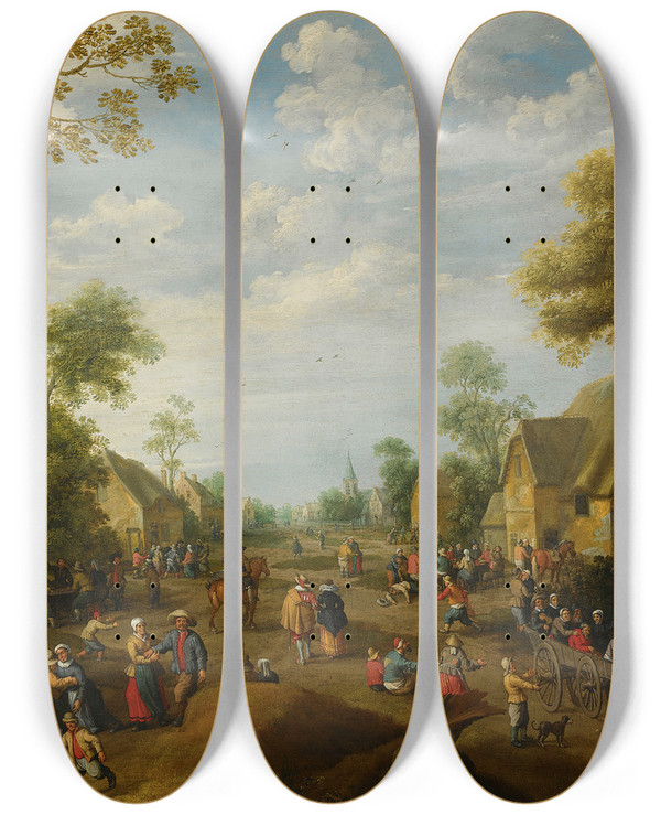 Triptych art skateboard deck of Joost Cornelisz Droochsloot A Village Kermesse With Numerous Peasants Feasting by Joost Cornelisz Droochsloot (1586-1666)
