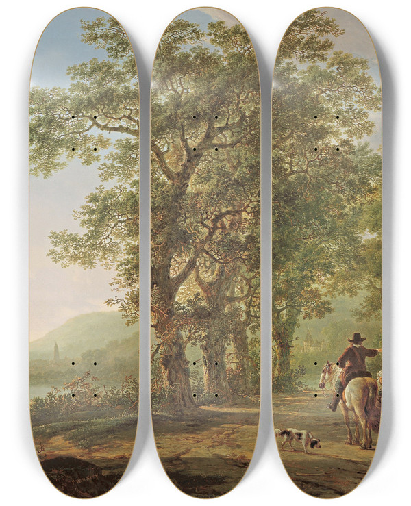 Triptych art skateboard deck of Jacob Van Strij Figures In A Forest Landscape by Jacob Van Strij (1756-1815)