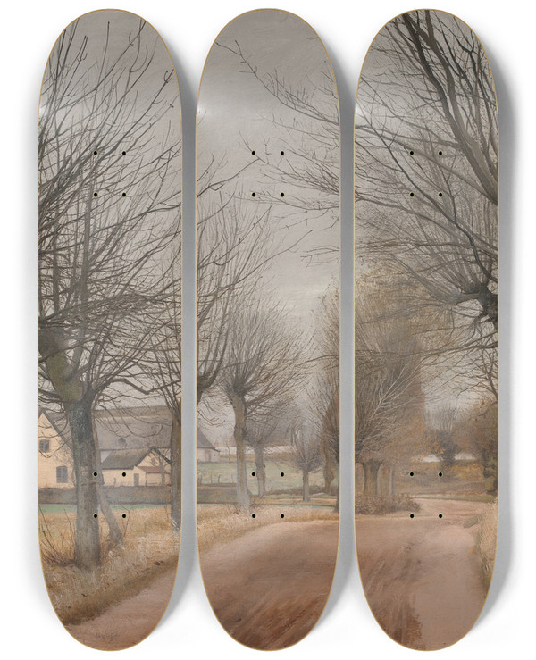Triptych art skateboard deck of Laurits Andersen Ring A Road Near Vinderd Zealand by Laurits Andersen Ring (1854-1933)