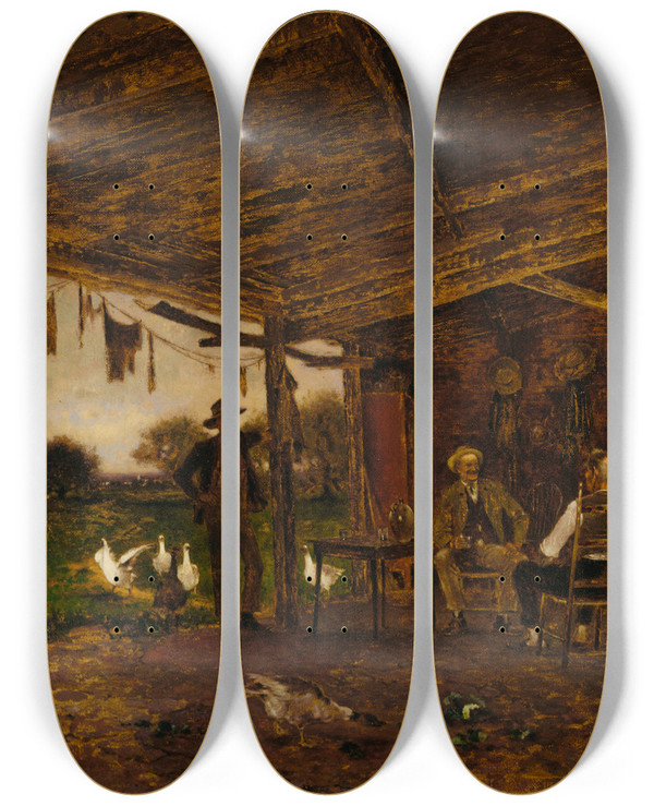 Triptych art skateboard deck of Alfred Cornelius Howland Friendly Neighbors by Alfred Cornelius Howland (1838-1909)