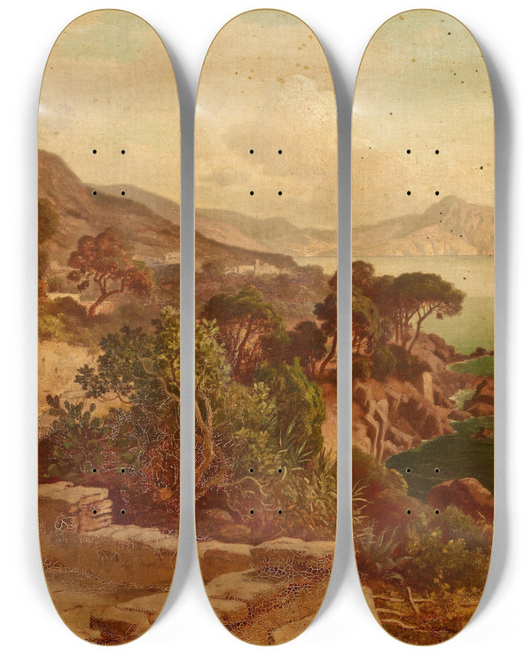 Triptych art skateboard deck of Heinrich Johann Grtner Mediterranean Landscape by Heinrich Johann Gartner (1828-1909)