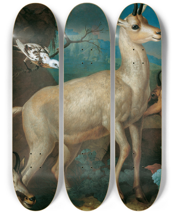 Triptych art skateboard deck of Philipp Ferdinand De Hamilton Drei Gemsen Und Eine Amsel by Philipp Ferdinand De Hamilton (1664-1750)