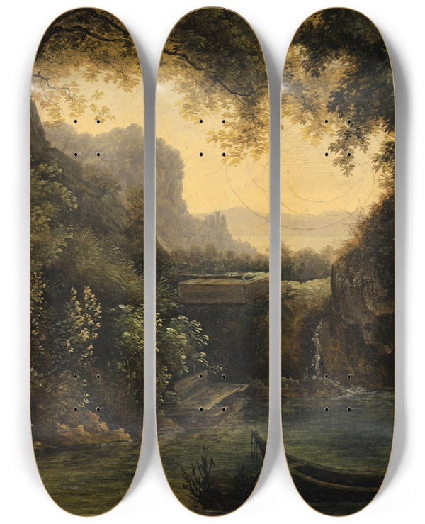 Triptych art skateboard deck of Isaak Frstenberger River Landscape With Nude Mariner by Isaak Furstenberger (1799-1828)