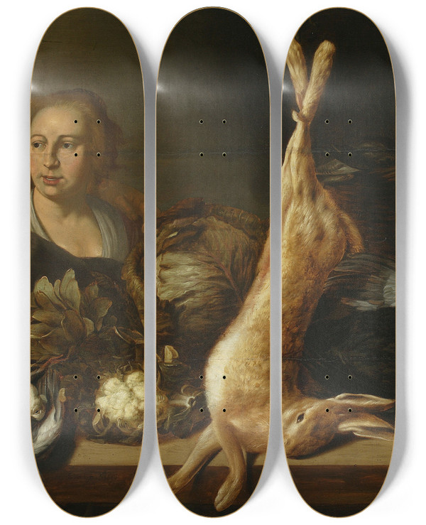 Triptych art skateboard deck of Elias Vonck Stand With Vegetables And A Hare by Elias Vonck (1605-1652)