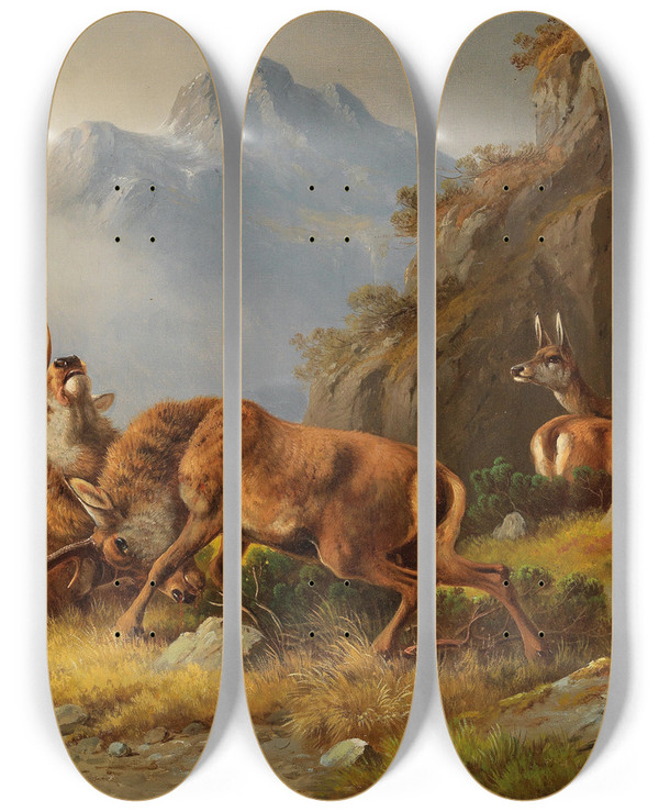 Triptych art skateboard deck of Moritz Mller The Fight by Moritz Melzer (1841-1899)