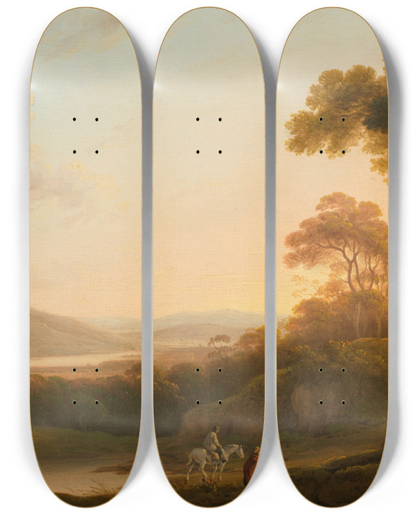 Triptych art skateboard deck of John Rathbone An Italianate Landscape With Figures On A Path by John Rathbone (1750-1807)