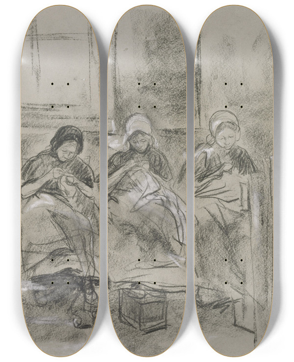 Triptych art skateboard deck of Max Liebermann Sechs Nhende Hollndische Mdchen Vor Einer Hauswand by Max Liebermann (1847-1935)