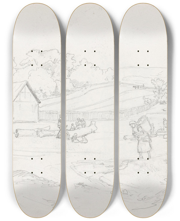 Triptych art skateboard deck of Hans Gude Fra Bad Sachsa_2 by Hans Gude (1825-1903)