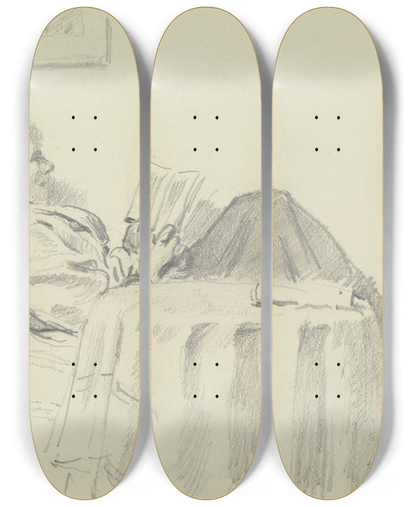 Triptych art skateboard deck of Otto Scholderer Luise Scholderer Reading_3 by Otto Scholderer (1834-1902)