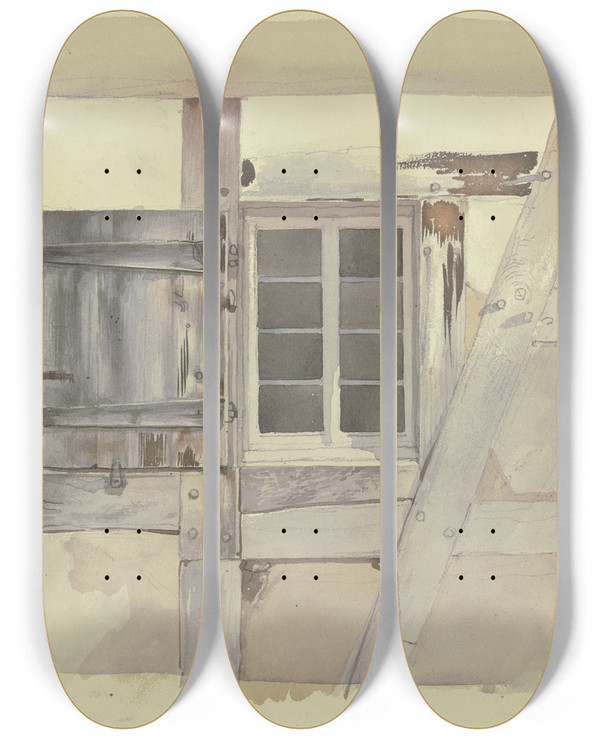 Triptych art skateboard deck of Jakob Becker Fenster Eines Fachwerkhauses by Jakob Becker (1810-1872)