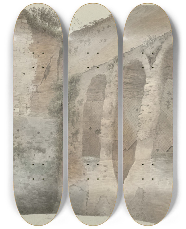 Triptych art skateboard deck of Josephus Augustus Knip The Aurelian Wall In Rome by Josephus Augustus Knip (1777-1847)