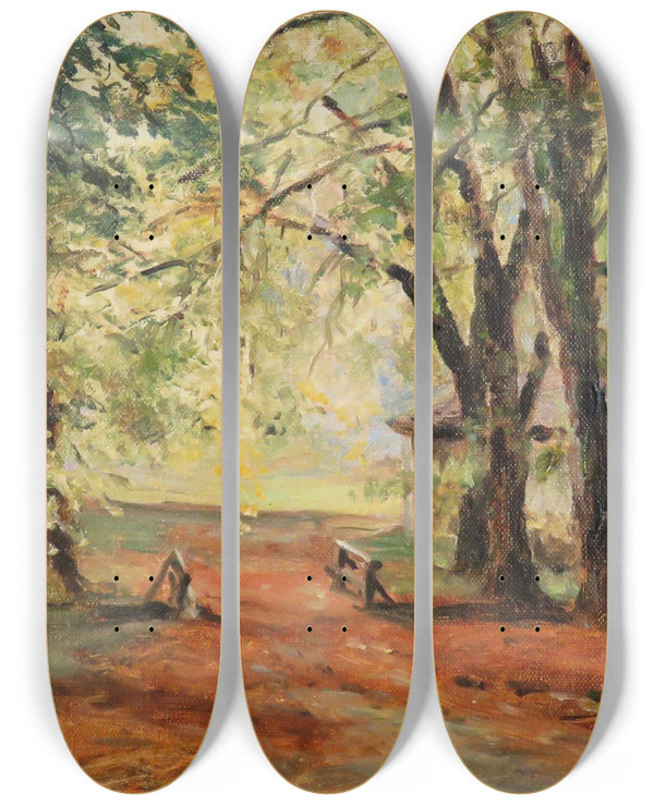 Triptych art skateboard deck of Franz Kulstrunk Herbstliche Waldlichtung by Franz Kulstrunk (1861-1944)