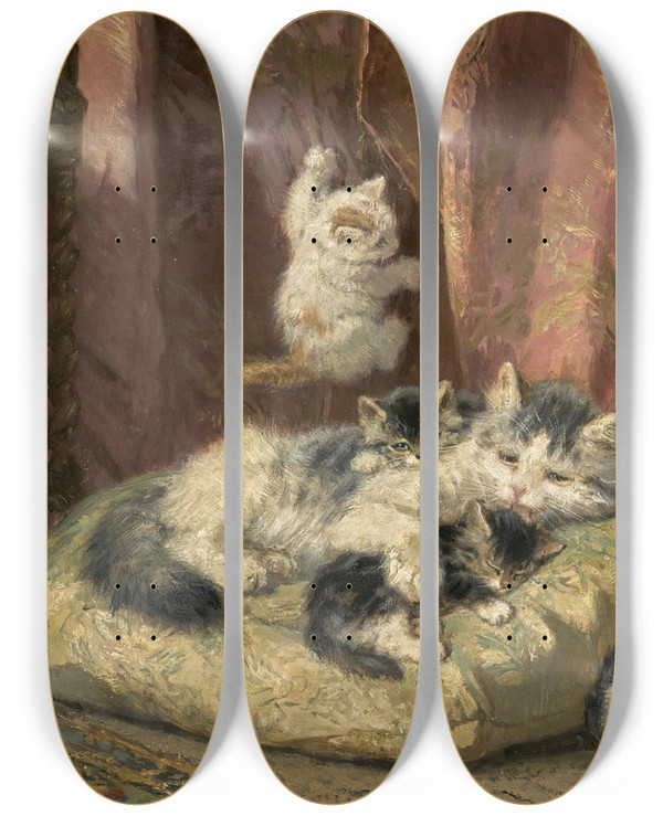 Triptych art skateboard deck of Henritte Ronnerknip Kittens At Play_3 by Henritte Ronner-Knip (1821-1909)