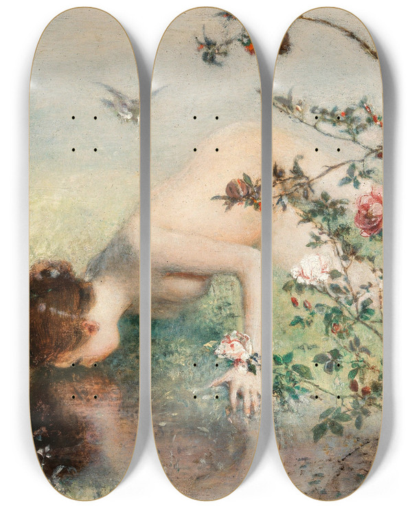 Triptych art skateboard deck of Franz Russ A Female Narcissus by Franz Russ