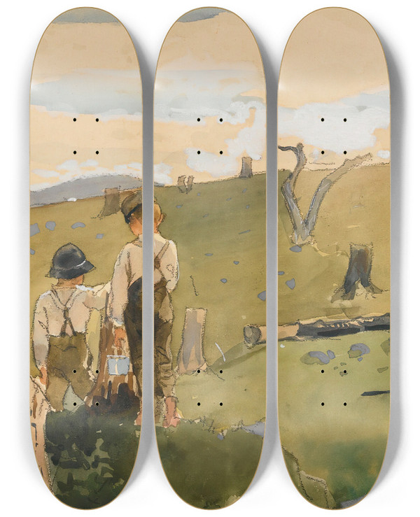 Triptych art skateboard deck of Winslow Homer Boys On A Hillside by Winslow Homer (1836-1910)
