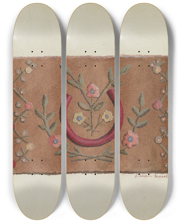 Triptych art skateboard deck of Lillian M Mosseller Hooked Rug_4 by Lillian M Mosseller