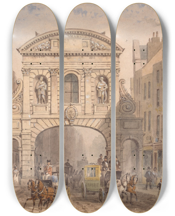 Triptych art skateboard deck of Thomas Hosmer Shepherd Temple Bar by Thomas Hosmer Shepherd (1793-1864)
