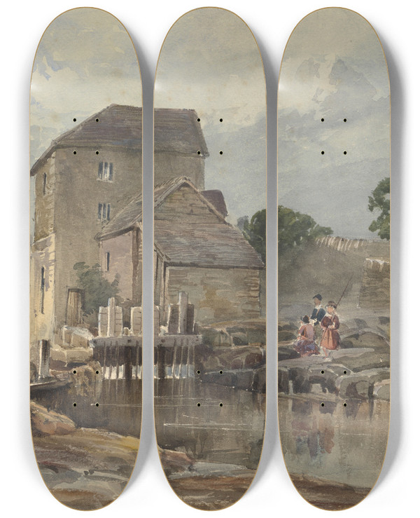 Triptych art skateboard deck of William James Mller The Bridge At Llangollen_2 by William James Muller (1812-1845)